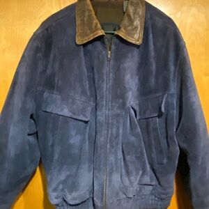 Vintage Context Navy Blue Suede Aviator Bomber Jacket Brown Leather Collar XL